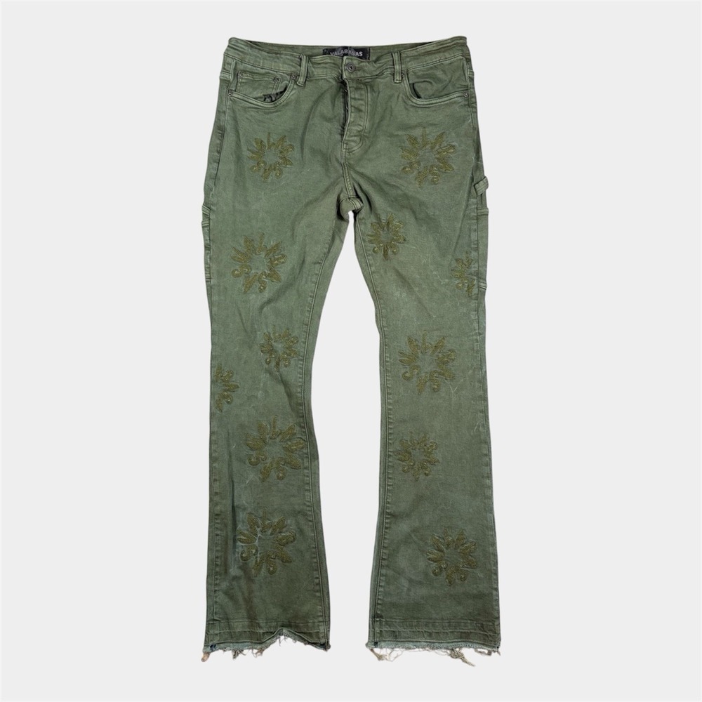 VALABASAS Mens Olive Stacked Shredded Bootcut Jeans Logo Embroidered Sz 40x34